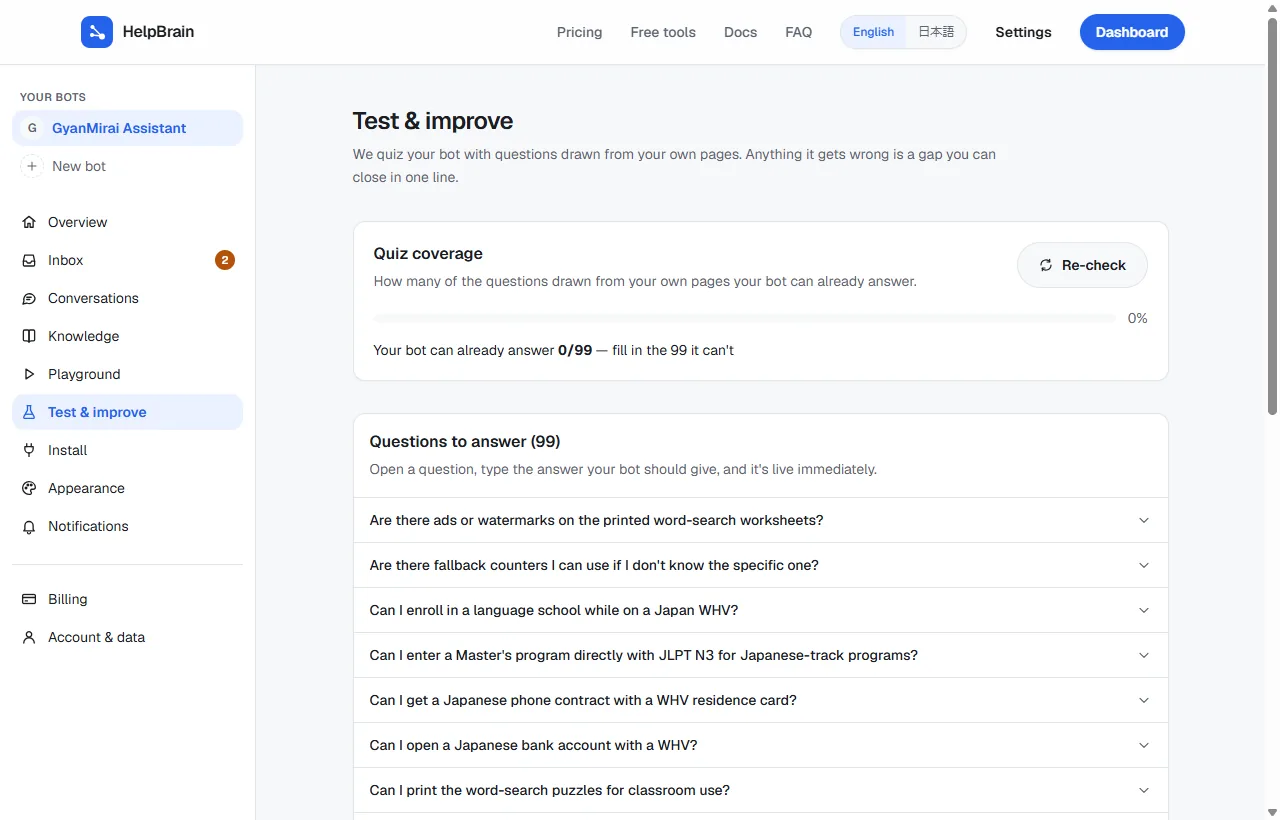 HelpBrain dashboard test-and-improve page showing quiz coverage and the questions the bot could not answer